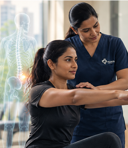 Indian female patient guided by a female rehabilitation therapist during clinical exercise, with a subtle skeletal movement overlay